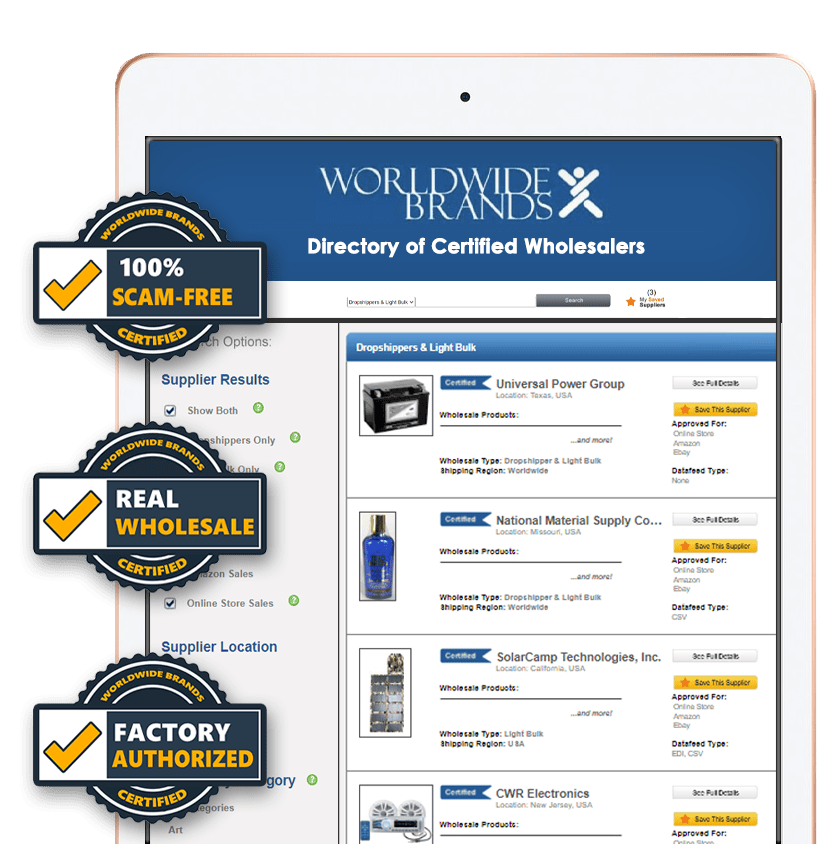 Image 1 Free Preview iPad displaying Worldwide Brands wholesaler directory free preview interface